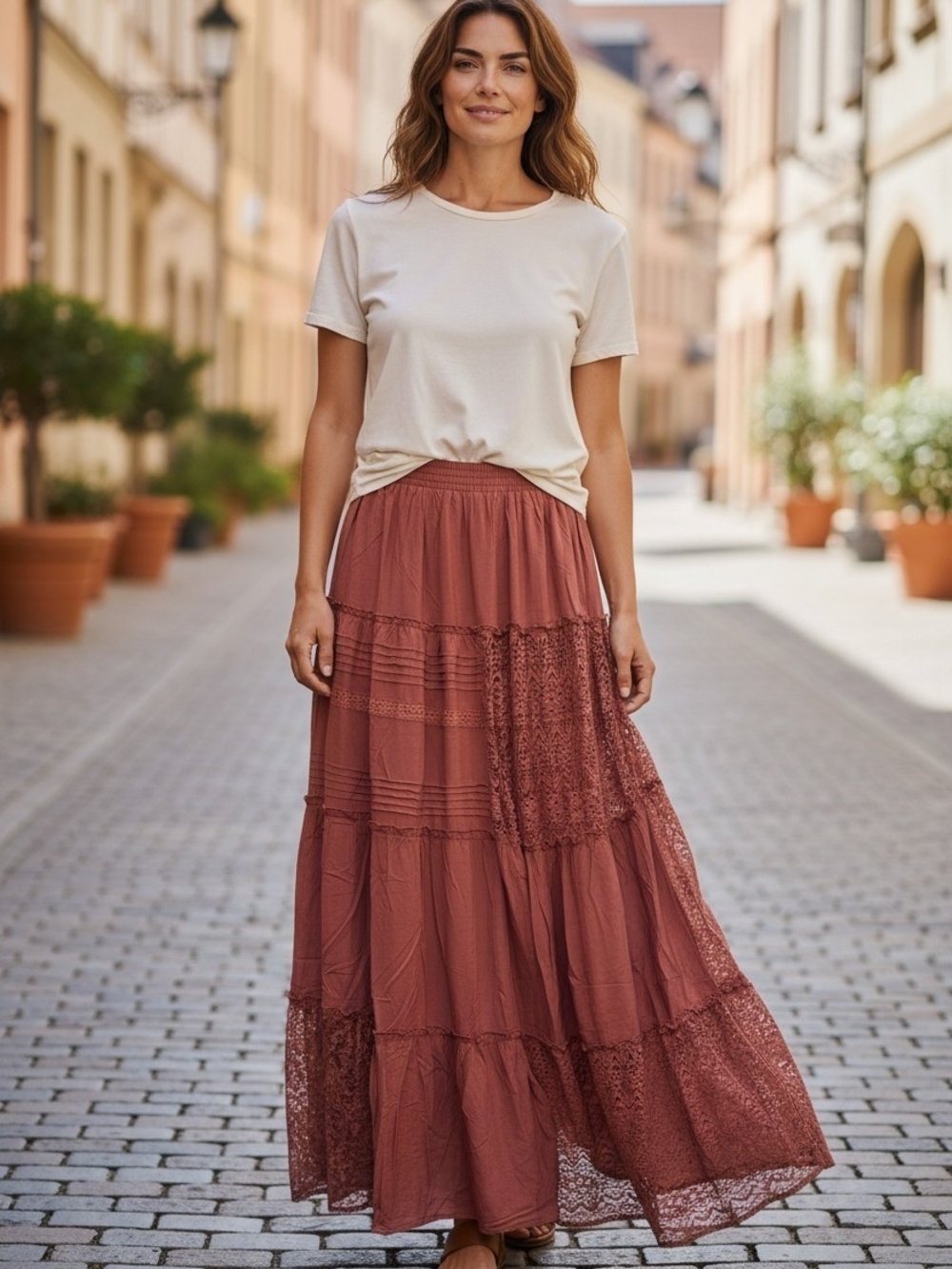 White Birch Boho-Tiered Maxi Skirt in Rust